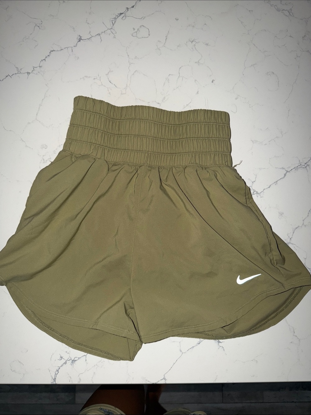 Nike Women’s Olive Athletic High-Waist Shorts with White Swoosh